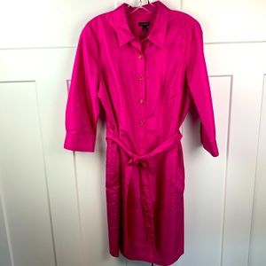Talbots Size 12 Solid Hot Pink Silk Taffeta Belted A-Line Shirt Dress